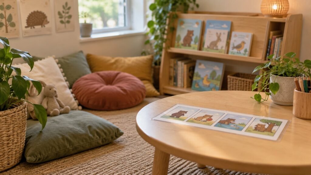 Reading corner where students review social stories in the classroom