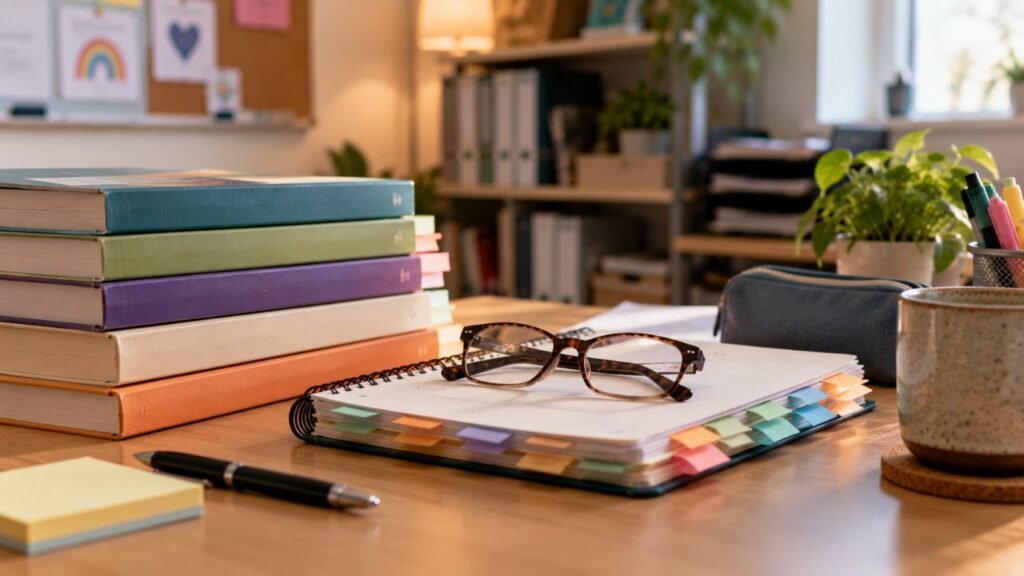 Special education glossary: a stack of special education handbooks and a tabbed notebook with reading glasses on a desk