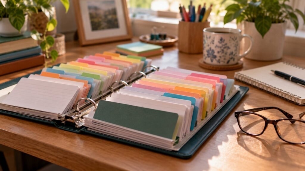 Special education glossary: an open binder of alphabetized index cards with colored tabs on a desk, reading glasses beside it