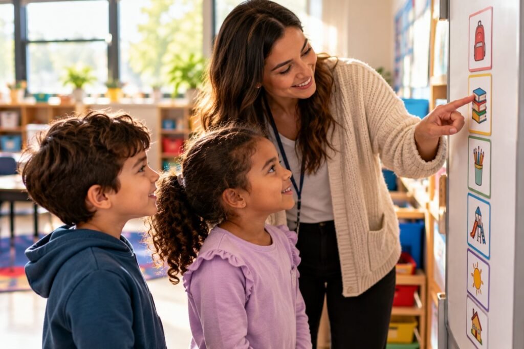 New special education teacher guide: teacher showing students a visual schedule