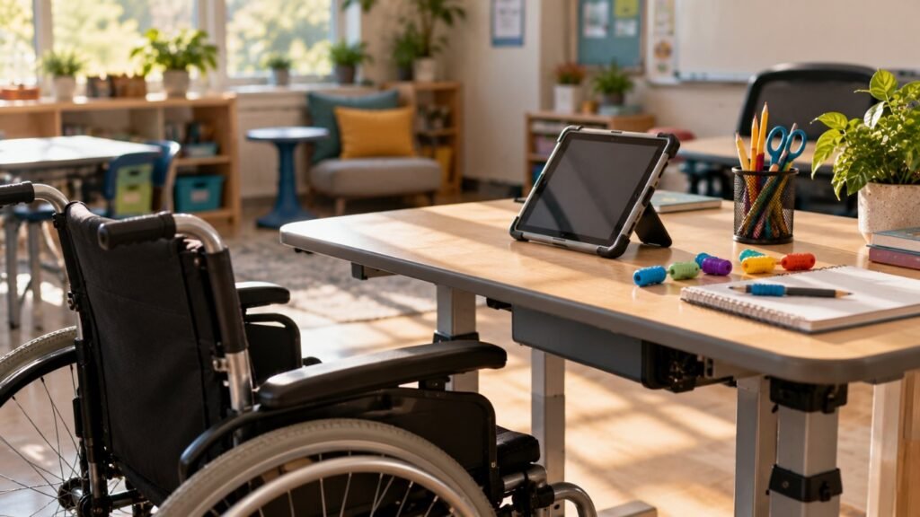Students with cerebral palsy: an accessible classroom with a wheelchair-accessible desk, a tablet on an adjustable stand and adapted pencil grips
