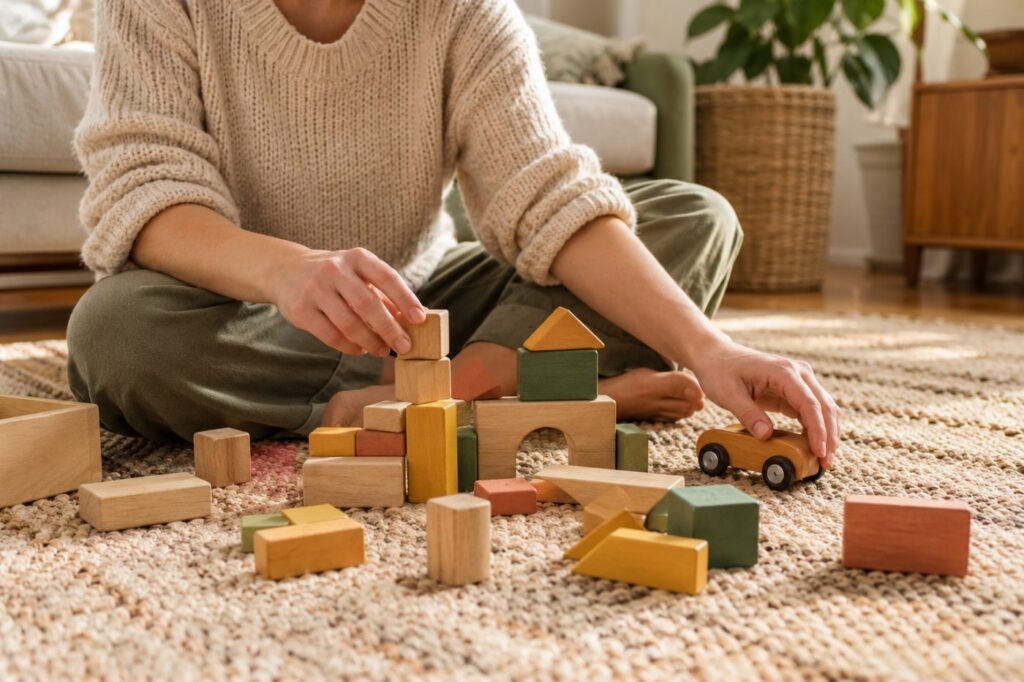 Speech delay guide: parent playing with a toddler's blocks on the floor
