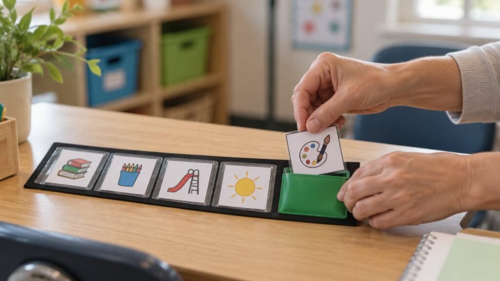 Teacher moving a card to the finished pocket on a visual schedule
