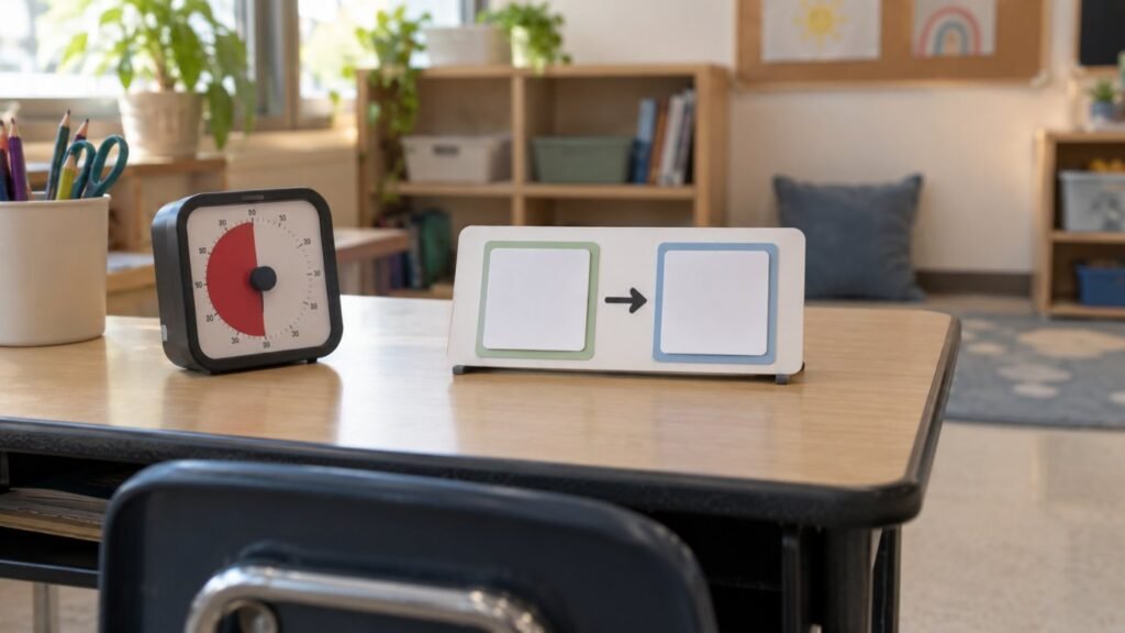First then board and timer used with visual schedules in the classroom