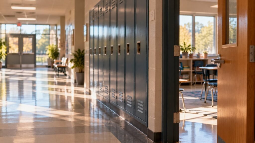 What is an IEP in schools: a school hallway with lockers and an open classroom door in morning light
