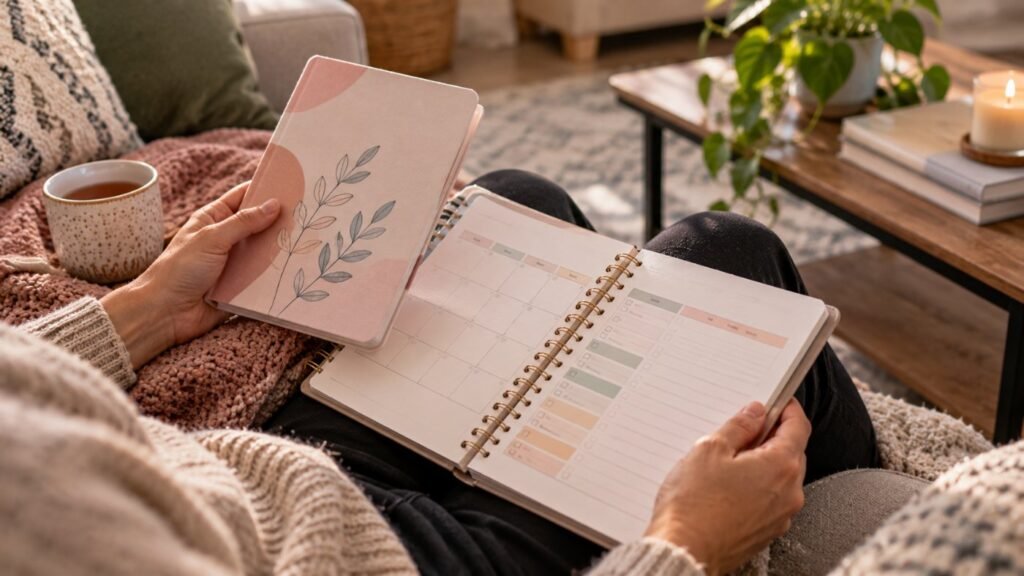Women with ADHD and hormones: an adult woman hands holding a cycle-tracking journal and a planner on a sofa, cup of tea